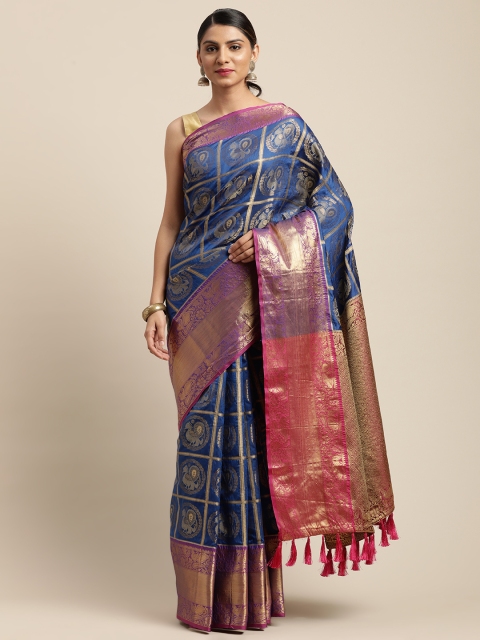 

VASTRANAND Blue & Gold-Toned Woven Design Banarasi Saree