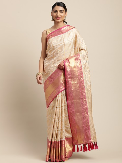 

VASTRANAND Off-White & Gold-Coloured Checked Banarasi Celebrity Saree