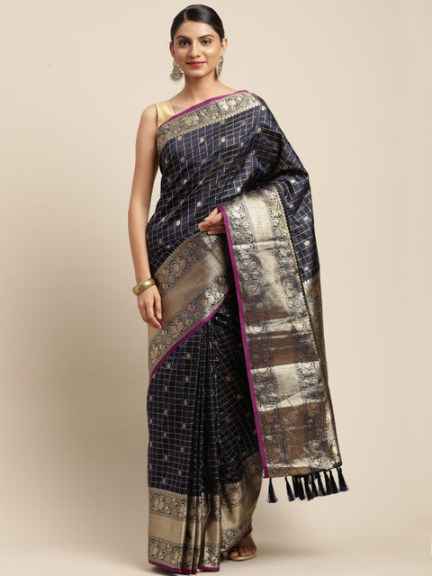 

VASTRANAND Navy Blue & Silver-Toned Checked Banarasi Saree
