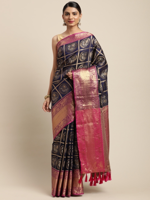 

VASTRANAND Navy Blue & Gold-Coloured Checked Banarasi Celebrity Saree