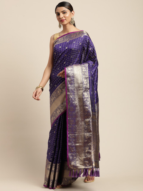 

VASTRANAND Purple & Gold-Toned Checked Banarasi Saree