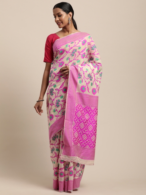 

VASTRANAND Pink & Green Silk Cotton Woven Design Jamdani Saree