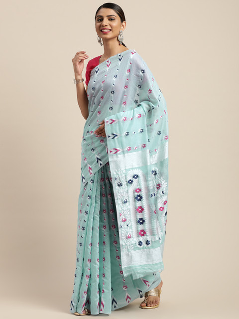 

VASTRANAND Blue & Pink Woven Design Jamdani Saree