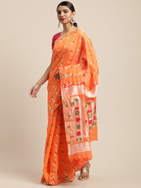 

VASTRANAND Orange & Red Woven Design Jamdani Saree