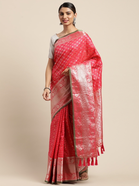 

VASTRANAND Pink & Silver-Toned Woven Design Banarasi Saree