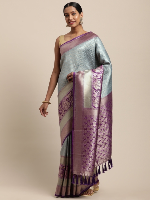 

VASTRANAND Turquoise Blue & Purple Silk Blend Woven Design Banarasi Saree