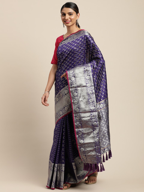 

VASTRANAND Navy Blue & Gold-Coloured Checked Banarasi Celebrity Saree