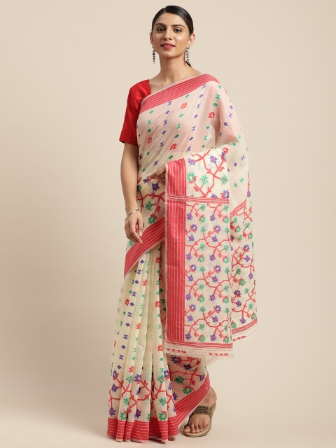 

VASTRANAND Red & Cream-Coloured Woven Design Jamdani Saree