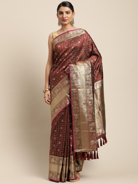 

VASTRANAND Brown & Gold-Coloured Checked Banarasi Celebrity Saree