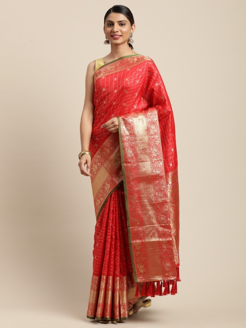 

VASTRANAND Red & Gold-Toned Checked Banarasi Saree
