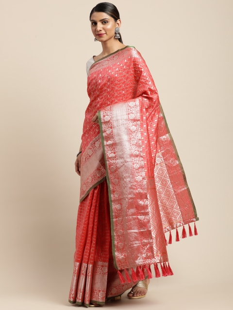 

VASTRANAND Peach-Coloured & Silver-Toned Woven Design Banarasi Saree