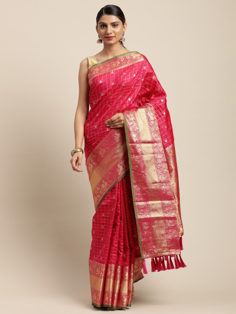 

VASTRANAND Pink & Gold-Toned Checked Banarasi Saree