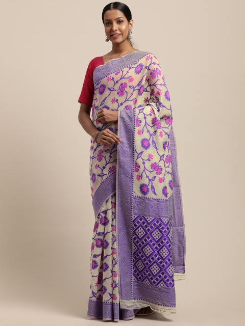 

VASTRANAND White & Purple Silk Cotton Woven Design Jamdani Saree