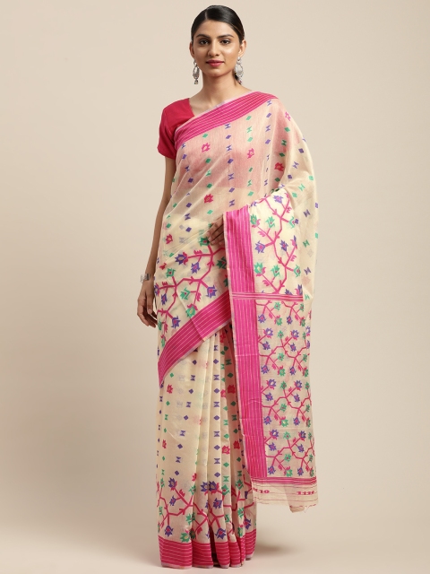 

VASTRANAND Pink & Cream-Coloured Woven Design Jamdani Saree