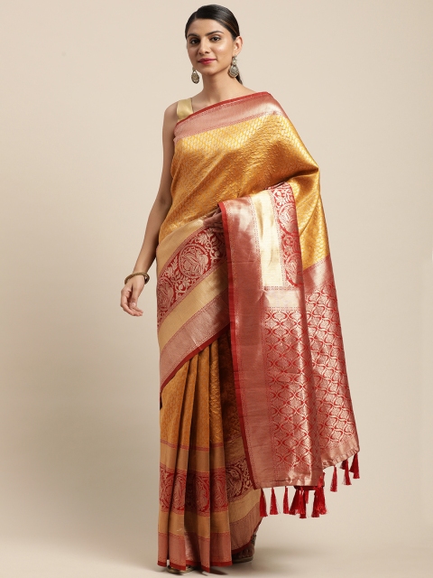 

VASTRANAND Mustard Yellow & Red Woven Design Banarasi Celebrity Saree