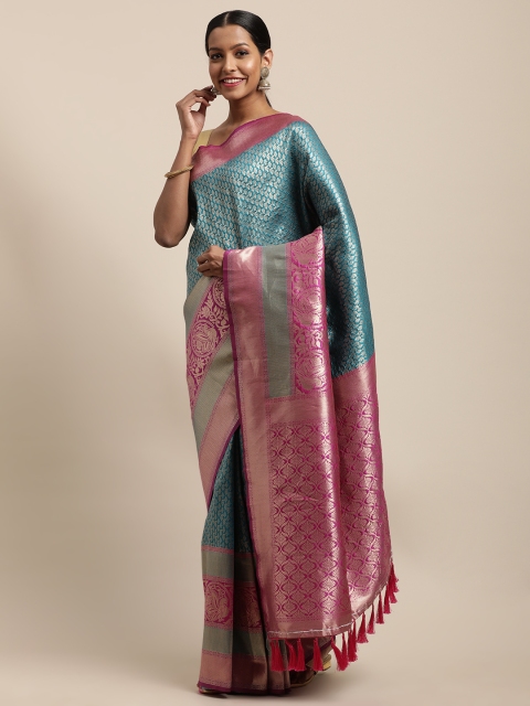 

VASTRANAND Turquoise Blue & Gold-Toned Woven Design Banarasi Saree