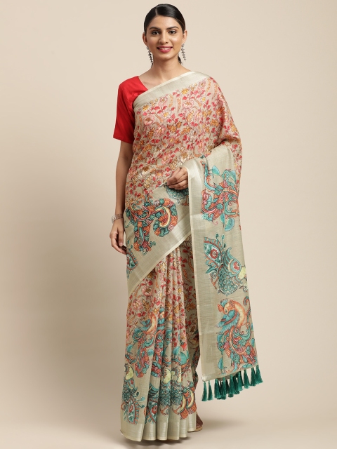 

VASTRANAND Cream-Coloured & Green Kalamkari Printed Saree