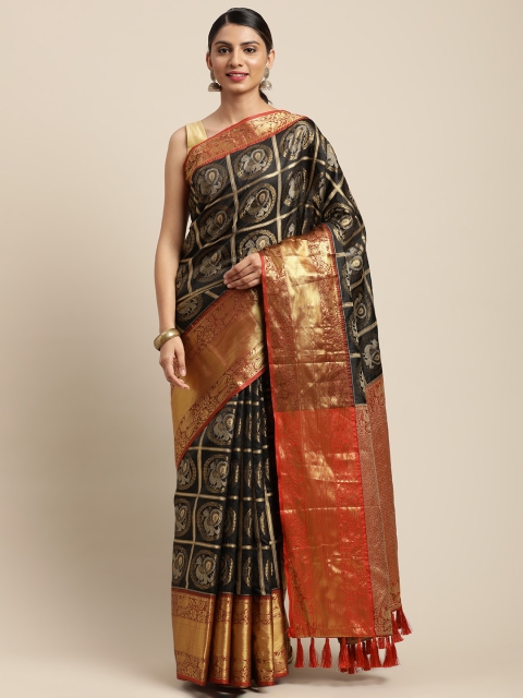 

VASTRANAND Black & Gold-Coloured Checked Banarasi Celebrity Saree