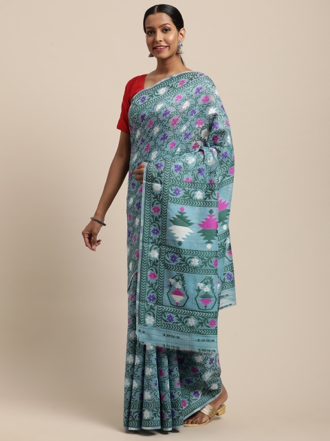 

VASTRANAND Blue & Pink Silk Cotton Woven Design Jamdani Saree