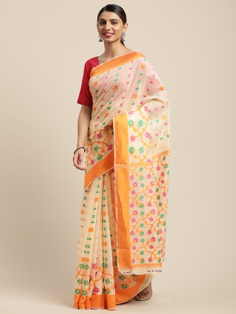 

VASTRANAND Cream-Coloured & Yellow Woven Design Jamdani Saree