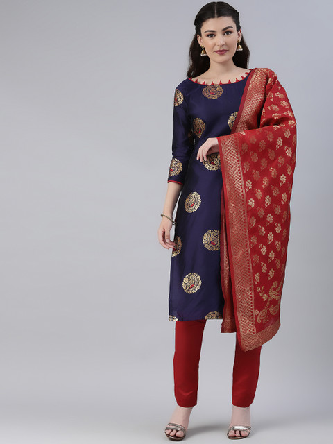 

Mitera Navy Blue & Red Silk Banarasi Blend Unstitched Dress Material