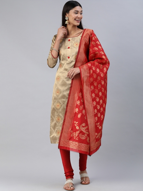 

Mitera Beige & Gold-Toned Woven Design Silk Blend Unstitched Dress Material
