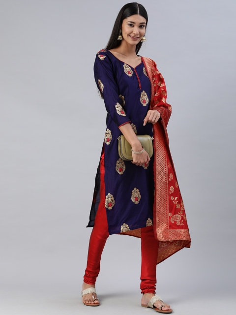 

Mitera Navy Blue & Red Woven Design Unstitched Dress Material