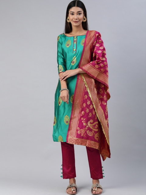 

Mitera Teal Green & Pink Woven Design Unstitched Dress Material