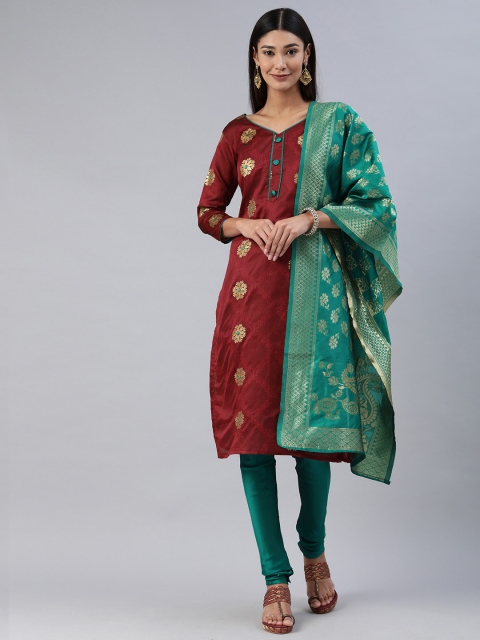 

Mitera Red & Teal Green Silk Banarasi Blend Unstitched Dress Material