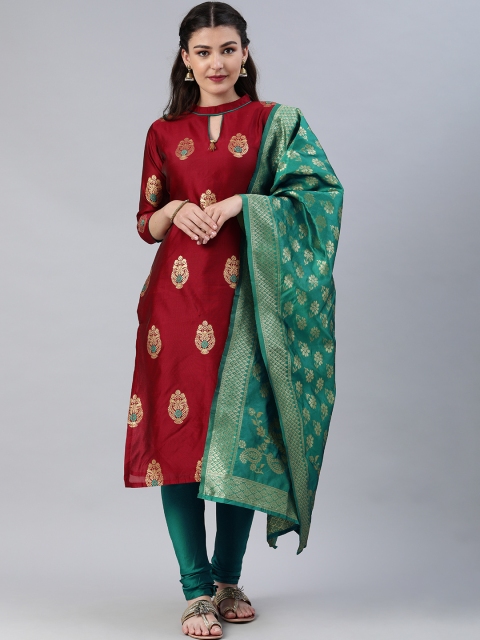 

Mitera Red & Gold-Toned Woven Design Silk Blend Unstitched Dress Material