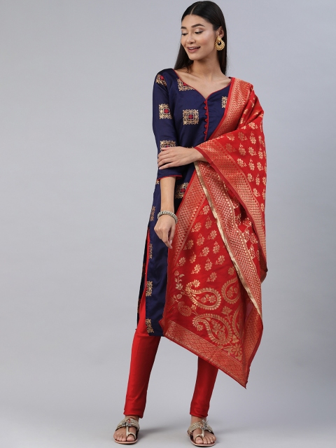 

Mitera Navy Blue & Red Woven Design Unstitched Dress Material