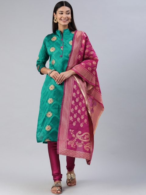 

Mitera Teal Green & Pink Woven Design Unstitched Dress Material