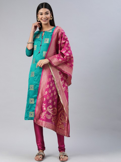 

Mitera Teal Green & Pink Woven Design Unstitched Dress Material