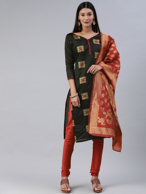 

Mitera Black & Red Silk Banarasi Blend Unstitched Dress Material