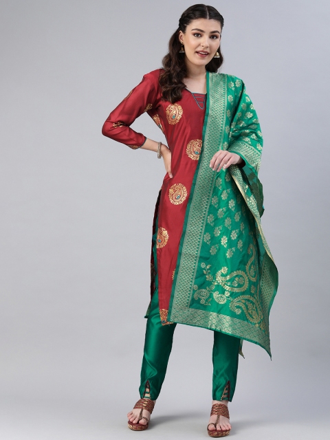 

Mitera Red & Green Woven Design Unstitched Dress Material