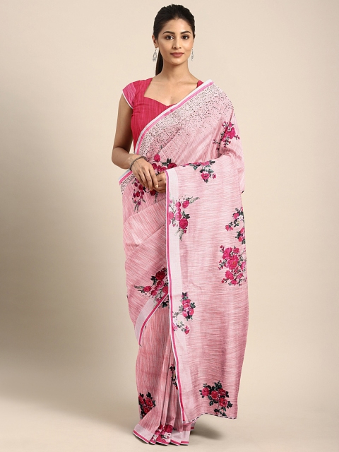 

KALINI Pink Floral Printed Pure Linen Saree