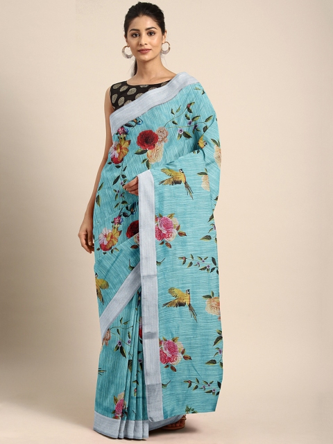 

KALINI Turquoise Blue & Green Pure Linen Floral Printed Saree