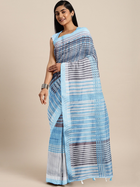 

KALINI Blue & Grey Pure Linen Striped Saree