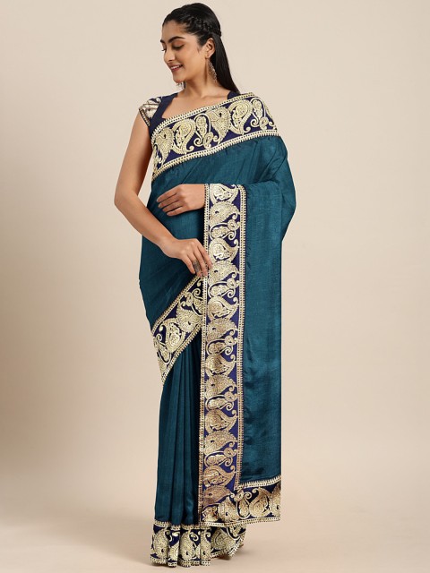 

KALINI Teal Blue & Gold-Toned Solid Saree