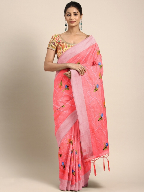 

KALINI Coral & Green Pure Cotton Floral Embroidered Kota Saree