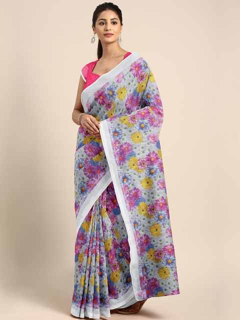 

KALINI Purple & Mustard Yellow Pure Linen Floral Printed Saree