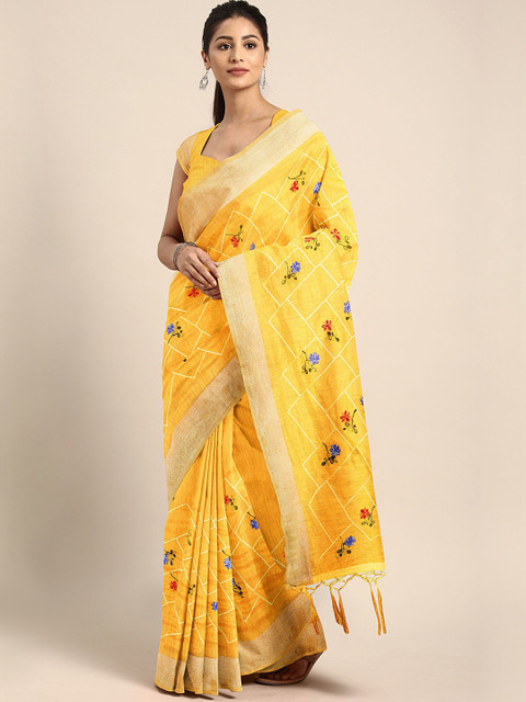 

KALINI Yellow & Blue Pure Cotton Floral Embroidered Kota Saree