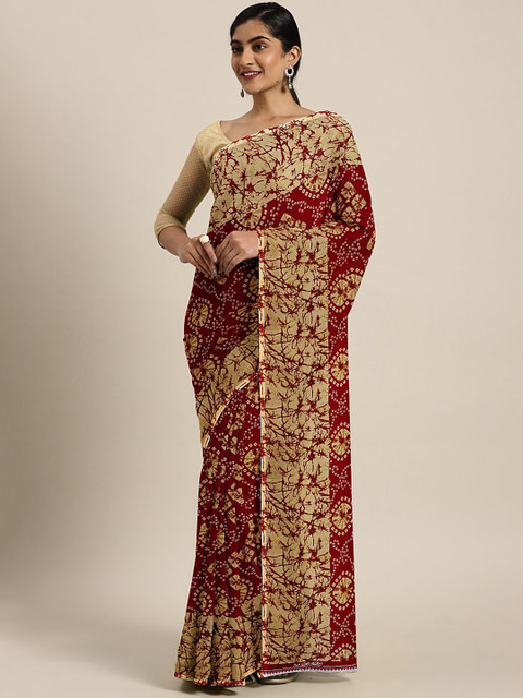 

KALINI Red & Beige Pure Georgette Printed Bandhani Saree