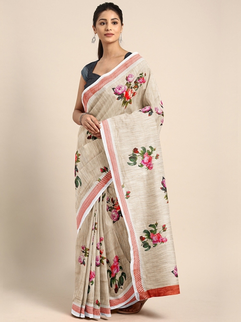 

KALINI Beige & Peach-Coloured Pure Linen Printed Saree