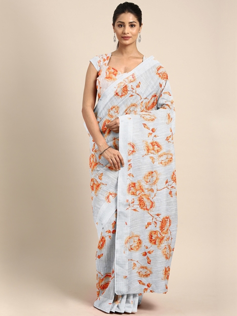 

KALINI Blue & Orange Pure Linen Printed Saree