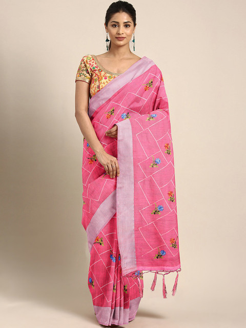 

KALINI Pink Pure Cotton Floral Embroidered Kota Saree