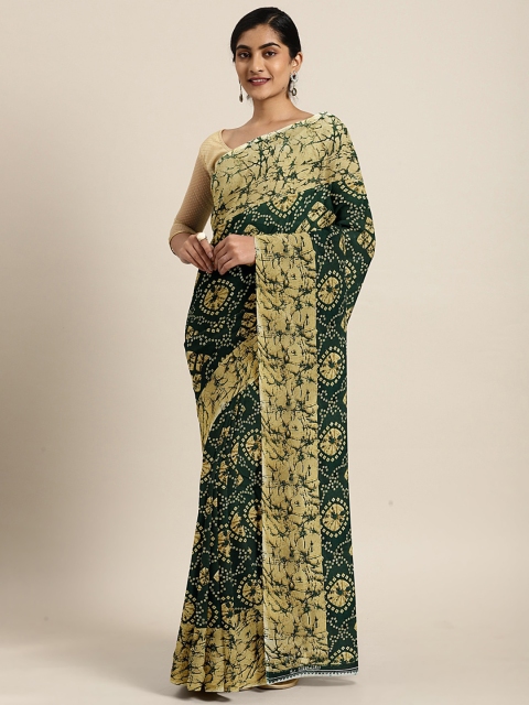 

KALINI Green & Beige Pure Georgette Printed Bandhani Saree