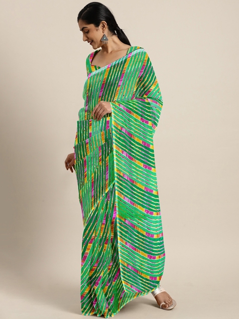 

KALINI Green & Pink Pure Georgette Leheriya Printed Saree
