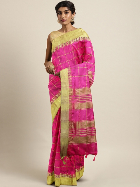 

KALINI Pink & Gold-Toned Checked Saree
