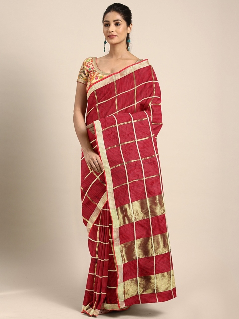 

KALINI Red & Gold-Coloured Pure Cotton Checked Kota Saree